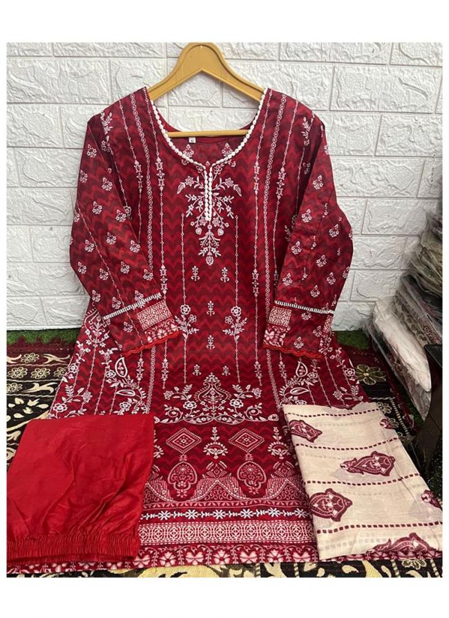 Heavy Cotton Red Eid Wear Printed Readymade Pakistani Suit